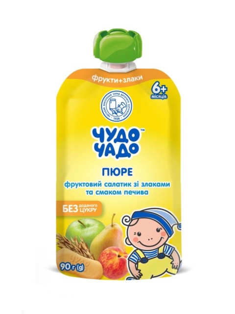 Puree gruszka-jabłko-brzoskwinia i z dodatkiem zbóż o smaku ciasteczka bez cukru Chudo-Chado homogenizowane sterylizowane 90g