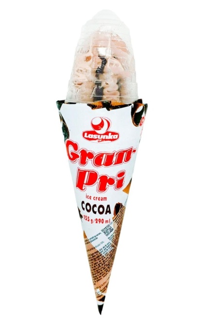 Lody Lasunka "Grand Prix" o smaku kakao, z masa cukiernicza „Czarne Kropelki” w rozku 155g